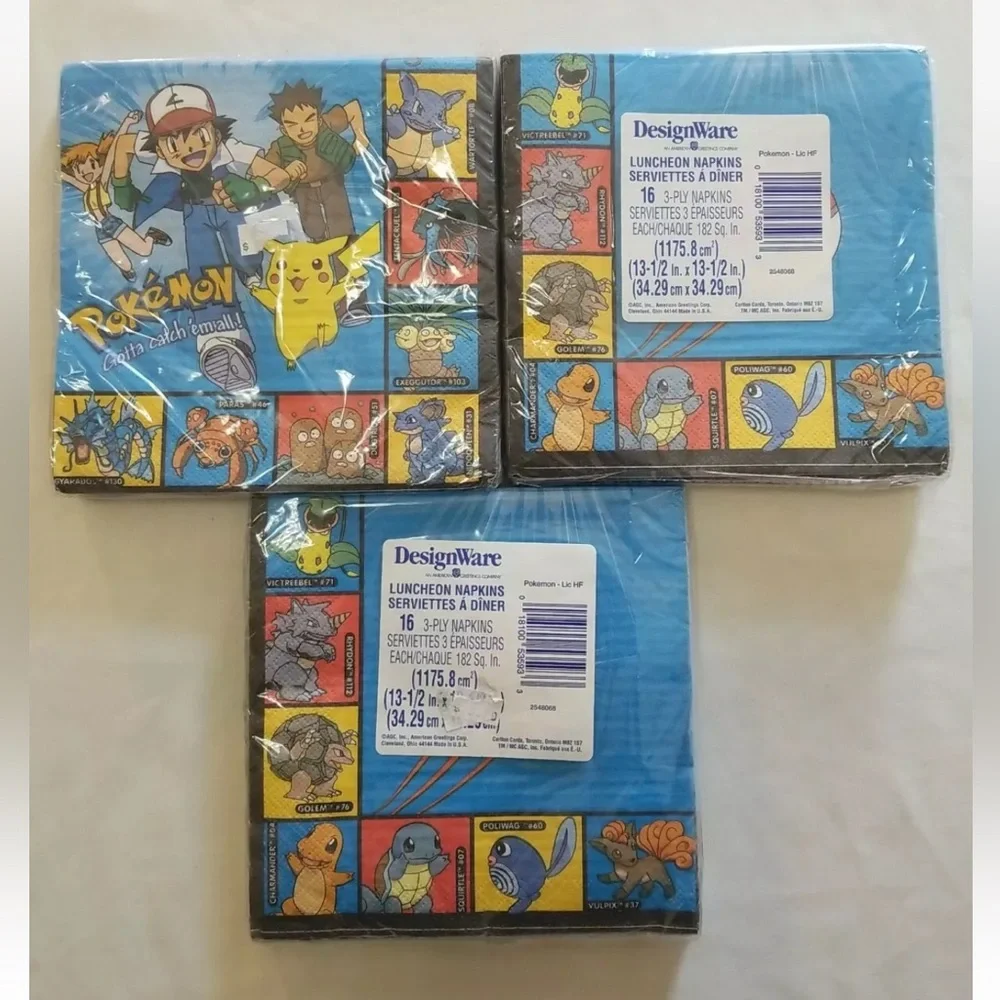 Vintage Pokemon Pikachu Party Napkins DesignWare 16 COUNT. New 3-ply LOT OF 3.